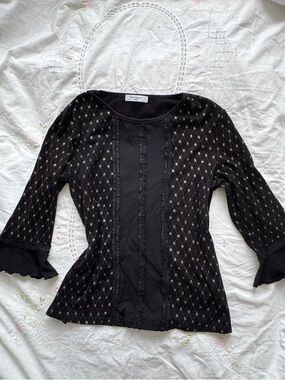 Follies Paris Y2K Black Gold Cross Lace Ruffle Top Fits L-XL